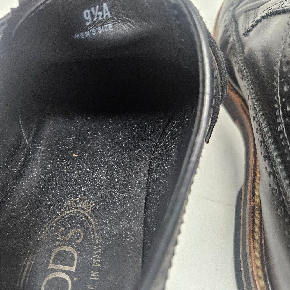 Tods Mens Black Leather Wingtip Brogue Derby Shoes Made in Italy Size 9.5 A - Picture 9 of 9